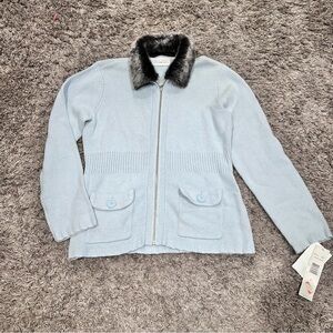 Vintage Y2K First Issue Light Blue Ribbed Knit Jacket with Faux Fur Collar